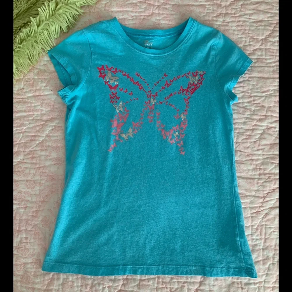 Children’s Place Shirt Girl L 10-12 Blue Short Cap Sleeves Lightweight Butterfly